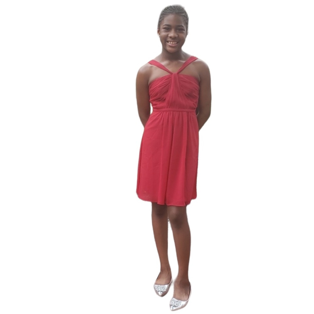 Pleated Chiffon Y-Neck Girls Dress
